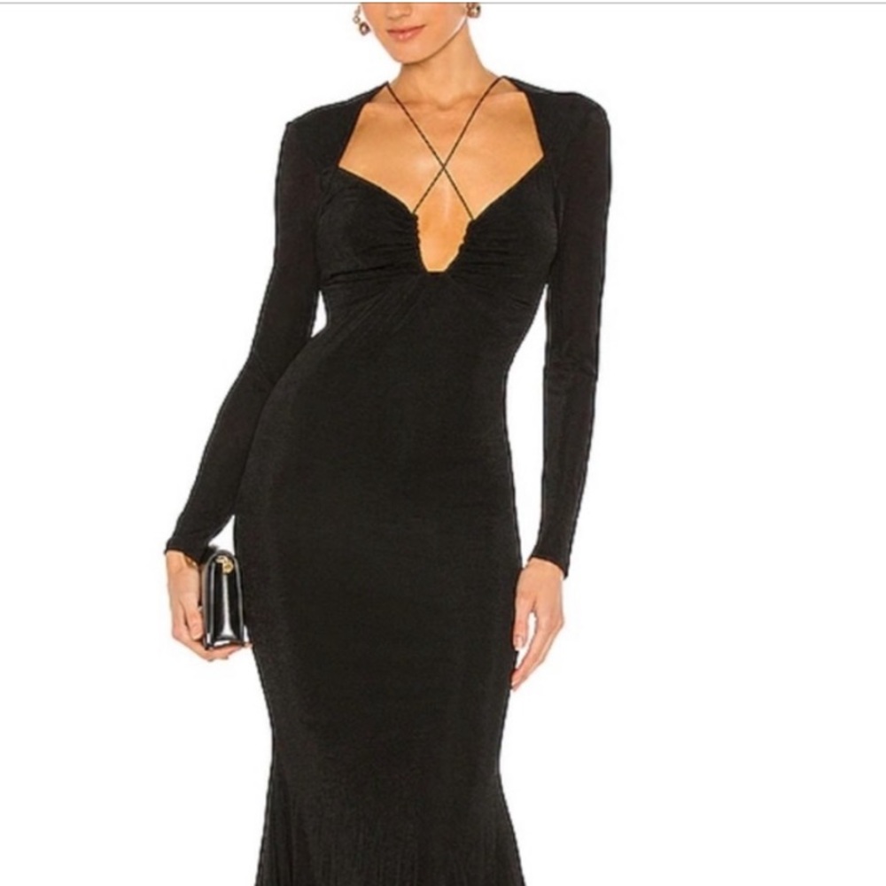 Lbv Jersey Midi Halter Long Sleeve Backless Dress In Black Size Large 12